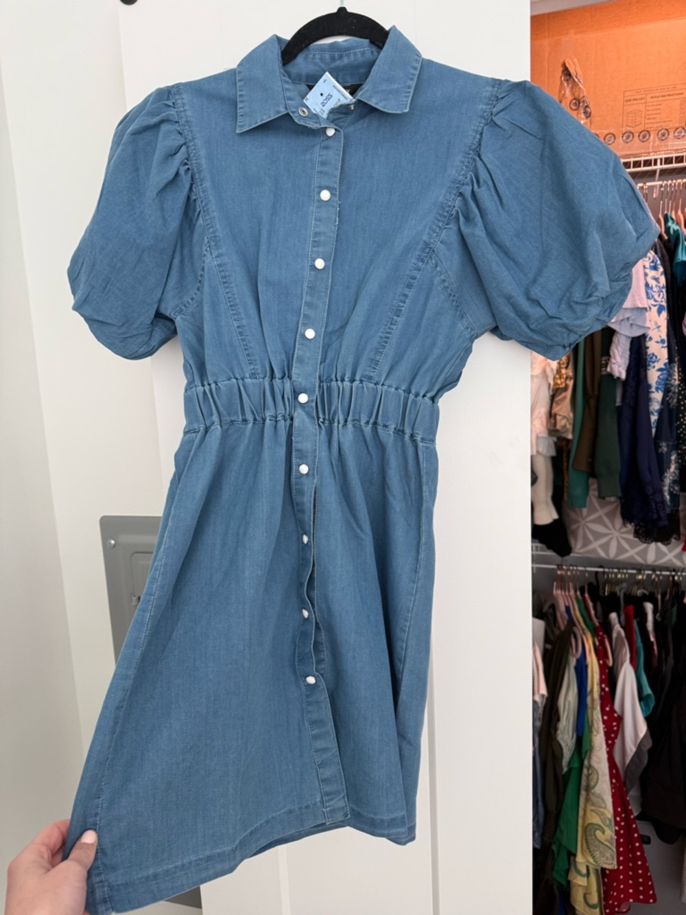 Chambray Button-Front Puff Sleeve Dress - Blue
